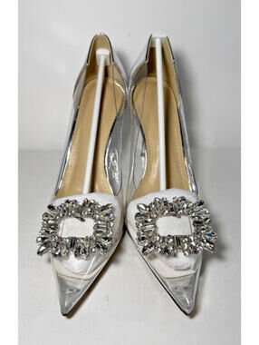 LING MEI High Heel Pointy Toe Crystal Buckle Clear Silver